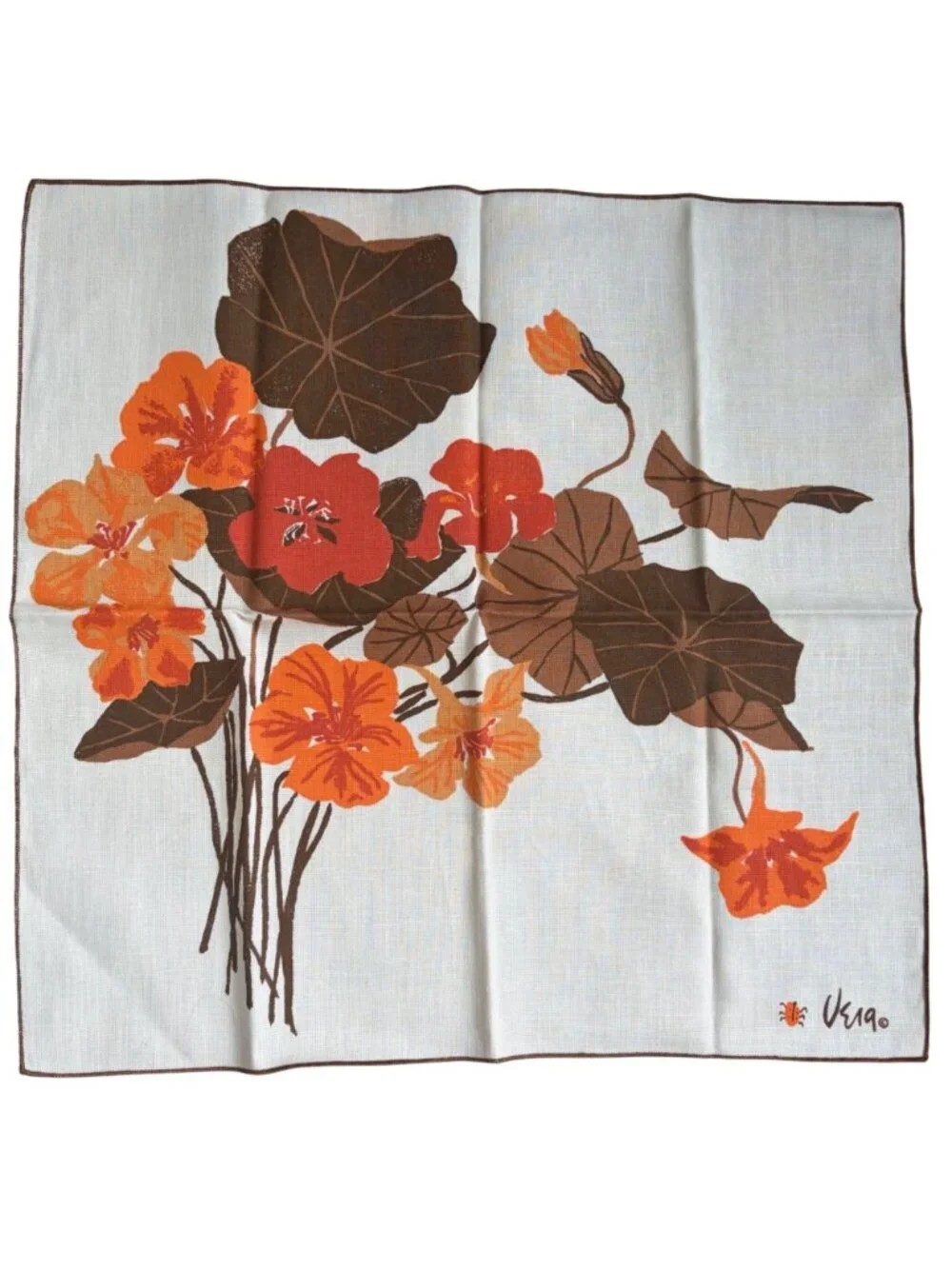 Vintage Vera Neumann Floral Napkins Set Of 4 White Orange Brown Cotton Ladybug